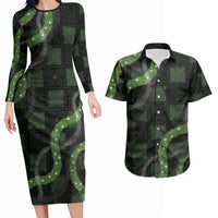 Hawaiian Quilt Couples Matching Long Sleeve Bodycon Dress and Hawaiian Shirt Pele Hair Hinahina Lei Black Version LT05 Black - Polynesian Pride
