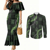 Hawaiian Quilt Couples Matching Mermaid Dress and Long Sleeve Button Shirt Pele Hair Hinahina Lei Black Version LT05 Black - Polynesian Pride