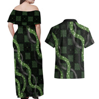 Hawaiian Quilt Couples Matching Off Shoulder Maxi Dress and Hawaiian Shirt Pele Hair Hinahina Lei Black Version