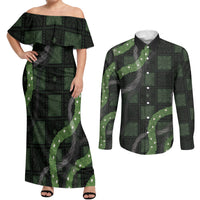 Hawaiian Quilt Couples Matching Off Shoulder Maxi Dress and Long Sleeve Button Shirt Pele Hair Hinahina Lei Black Version LT05 Black - Polynesian Pride