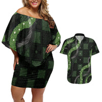 Hawaiian Quilt Couples Matching Off Shoulder Short Dress and Hawaiian Shirt Pele Hair Hinahina Lei Black Version