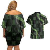 Hawaiian Quilt Couples Matching Off Shoulder Short Dress and Hawaiian Shirt Pele Hair Hinahina Lei Black Version