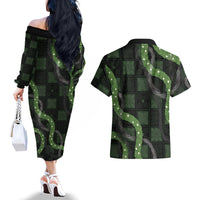 Hawaiian Quilt Couples Matching Off The Shoulder Long Sleeve Dress and Hawaiian Shirt Pele Hair Hinahina Lei Black Version