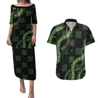 Hawaiian Quilt Couples Matching Puletasi and Hawaiian Shirt Pele Hair Hinahina Lei Black Version