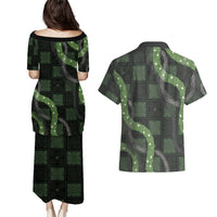 Hawaiian Quilt Couples Matching Puletasi and Hawaiian Shirt Pele Hair Hinahina Lei Black Version