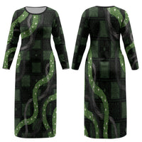 Hawaiian Quilt Family Matching Long Sleeve Bodycon Dress and Hawaiian Shirt Pele Hair Hinahina Lei Black Version LT05 Mom's Dress Black - Polynesian Pride
