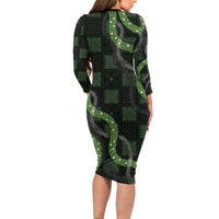 Hawaiian Quilt Family Matching Long Sleeve Bodycon Dress and Hawaiian Shirt Pele Hair Hinahina Lei Black Version