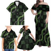 Hawaiian Quilt Family Matching Off Shoulder Maxi Dress and Hawaiian Shirt Pele Hair Hinahina Lei Black Version