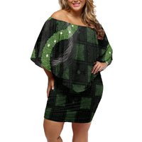 Hawaiian Quilt Family Matching Off Shoulder Short Dress and Hawaiian Shirt Pele Hair Hinahina Lei Black Version
