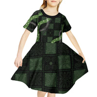 Hawaiian Quilt Kid Short Sleeve Dress Pele Hair Hinahina Lei Black Version LT05 - Polynesian Pride