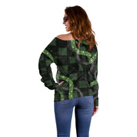 Hawaiian Quilt Off Shoulder Sweater Pele Hair Hinahina Lei Black Version