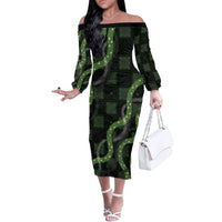 Hawaiian Quilt Off The Shoulder Long Sleeve Dress Pele Hair Hinahina Lei Black Version LT05 Women Black - Polynesian Pride