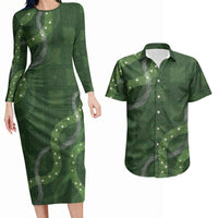 Hawaiian Quilt Couples Matching Long Sleeve Bodycon Dress and Hawaiian Shirt Pele Hair Hinahina Lei Green Version LT05 Green - Polynesian Pride