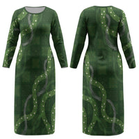 Hawaiian Quilt Couples Matching Long Sleeve Bodycon Dress and Long Sleeve Button Shirt Pele Hair Hinahina Lei Green Version LT05