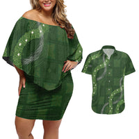 Hawaiian Quilt Couples Matching Off Shoulder Short Dress and Hawaiian Shirt Pele Hair Hinahina Lei Green Version