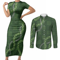 Hawaiian Quilt Couples Matching Short Sleeve Bodycon Dress and Long Sleeve Button Shirt Pele Hair Hinahina Lei Green Version LT05 Green - Polynesian Pride
