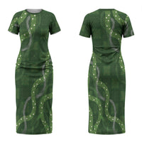 Hawaiian Quilt Couples Matching Short Sleeve Bodycon Dress and Long Sleeve Button Shirt Pele Hair Hinahina Lei Green Version LT05 - Polynesian Pride