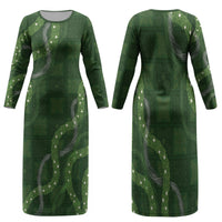 Hawaiian Quilt Family Matching Long Sleeve Bodycon Dress and Hawaiian Shirt Pele Hair Hinahina Lei Green Version LT05 Mom's Dress Green - Polynesian Pride