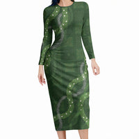 Hawaiian Quilt Long Sleeve Bodycon Dress Pele Hair Hinahina Lei Green Version LT05 Long Dress Green - Polynesian Pride