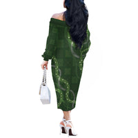 Hawaiian Quilt Off The Shoulder Long Sleeve Dress Pele Hair Hinahina Lei Green Version LT05 - Polynesian Pride