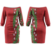 Tonga Language Week Couples Matching Off The Shoulder Long Sleeve Dress and Hawaiian Shirt Heilala Floral Red