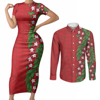 Tonga Language Week Couples Matching Short Sleeve Bodycon Dress and Long Sleeve Button Shirt Heilala Floral Red LT05 Red - Polynesian Pride