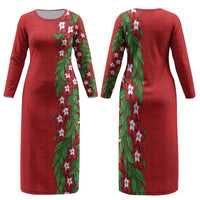 Tonga Language Week Family Matching Long Sleeve Bodycon Dress and Hawaiian Shirt Heilala Floral Red LT05 Mom's Dress Red - Polynesian Pride