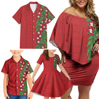 Tonga Language Week Family Matching Off Shoulder Short Dress and Hawaiian Shirt Heilala Floral Red LT05 - Polynesian Pride