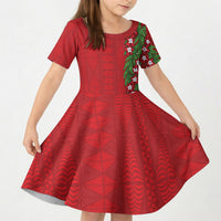 Tonga Language Week Kid Short Sleeve Dress Heilala Floral Red LT05 KID Red - Polynesian Pride