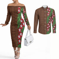 Tonga Language Week Couples Matching Off The Shoulder Long Sleeve Dress and Long Sleeve Button Shirt Heilala Floral Brown