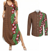 Tonga Language Week Couples Matching Summer Maxi Dress and Long Sleeve Button Shirt Heilala Floral Brown