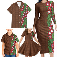 Tonga Language Week Family Matching Long Sleeve Bodycon Dress and Hawaiian Shirt Heilala Floral Brown