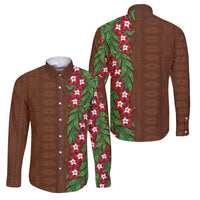 Tonga Language Week Family Matching Off Shoulder Short Dress and Hawaiian Shirt Heilala Floral Brown LT05 Dad's Shirt - Long Sleeve Brown - Polynesian Pride