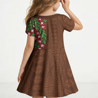 Tonga Language Week Kid Short Sleeve Dress Heilala Floral Brown LT05 - Polynesian Pride