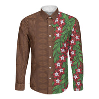 Tonga Language Week Long Sleeve Button Shirt Heilala Floral Brown LT05 Unisex Brown - Polynesian Pride