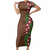 Tonga Language Week Short Sleeve Bodycon Dress Heilala Floral Brown LT05 Long Dress Brown - Polynesian Pride