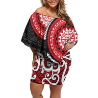 New Zealand Red Maori Koru Simple Style Off Shoulder Short Dress LT05 Women Red - Polynesian Pride