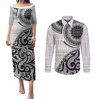 New Zealand White Maori Koru Simple Style Couples Matching Puletasi and Long Sleeve Button Shirt LT05 White - Polynesian Pride