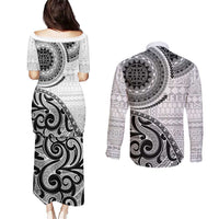 New Zealand White Maori Koru Simple Style Couples Matching Puletasi and Long Sleeve Button Shirt LT05 - Polynesian Pride
