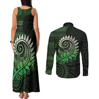 New Zealand Maori Koru Fern Couples Matching Tank Maxi Dress and Long Sleeve Button Shirt Spiral Polynesian Style Green