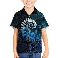 New Zealand Maori Koru Fern Family Matching Off The Shoulder Long Sleeve Dress and Hawaiian Shirt Spiral Polynesian Style Aqua Gradient