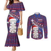 Personalized New Zealand Christmas Couples Matching Mermaid Dress and Long Sleeve Button Shirts Haka Fern Santa Tiki Meri Kirihimete LT05 Blue - Polynesian Pride