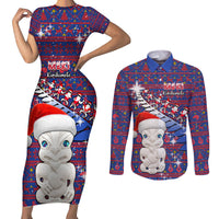Personalized New Zealand Christmas Couples Matching Short Sleeve Bodycon Dress and Long Sleeve Button Shirts Haka Fern Santa Tiki Meri Kirihimete LT05 Blue - Polynesian Pride