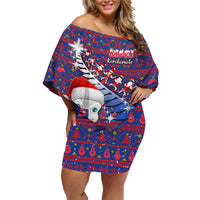 Personalized New Zealand Christmas Family Matching Off Shoulder Short Dress and Hawaiian Shirt Haka Fern Santa Tiki Meri Kirihimete LT05 Mom's Dress Blue - Polynesian Pride