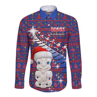 Personalized New Zealand Christmas Long Sleeve Button Shirt Haka Fern Santa Tiki Meri Kirihimete LT05 Unisex Blue - Polynesian Pride