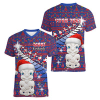 Personalized New Zealand Christmas Women V Neck T Shirt Haka Fern Santa Tiki Meri Kirihimete LT05 - Polynesian Pride