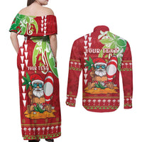 Personalised Hawaii Christmas Couples Matching Off Shoulder Maxi Dress and Long Sleeve Button Shirt Funny Santa Claus Surf Mele Kalikimaka