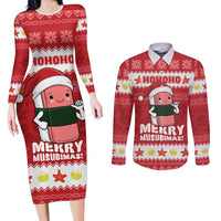 Hawaii Funny Christmas Couples Matching Long Sleeve Bodycon Dress and Long Sleeve Button Shirt Spam Musubi Santa LT05 Red - Polynesian Pride