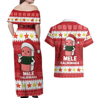 Hawaii Funny Christmas Couples Matching Off Shoulder Maxi Dress and Hawaiian Shirt Spam Musubi Santa