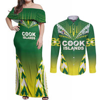 Cook Islands Rugby Custom Couples Matching Off Shoulder Maxi Dress and Long Sleeve Button Shirt The Kukis Go Champions LT05 Green - Polynesian Pride